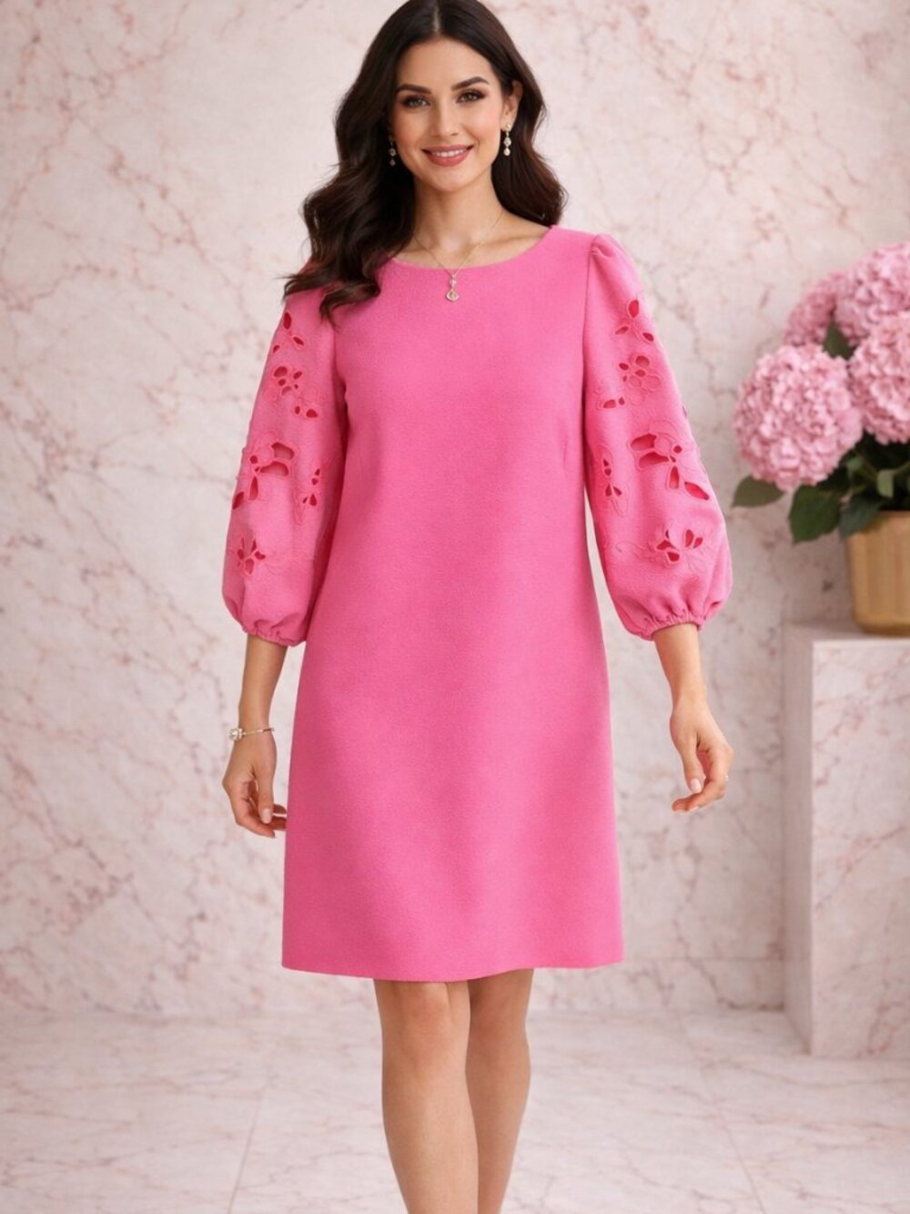 Hot Pink Statement Mini Dress Vince Camuto Eyelet Sleeve NWT - Picture 4 of 11